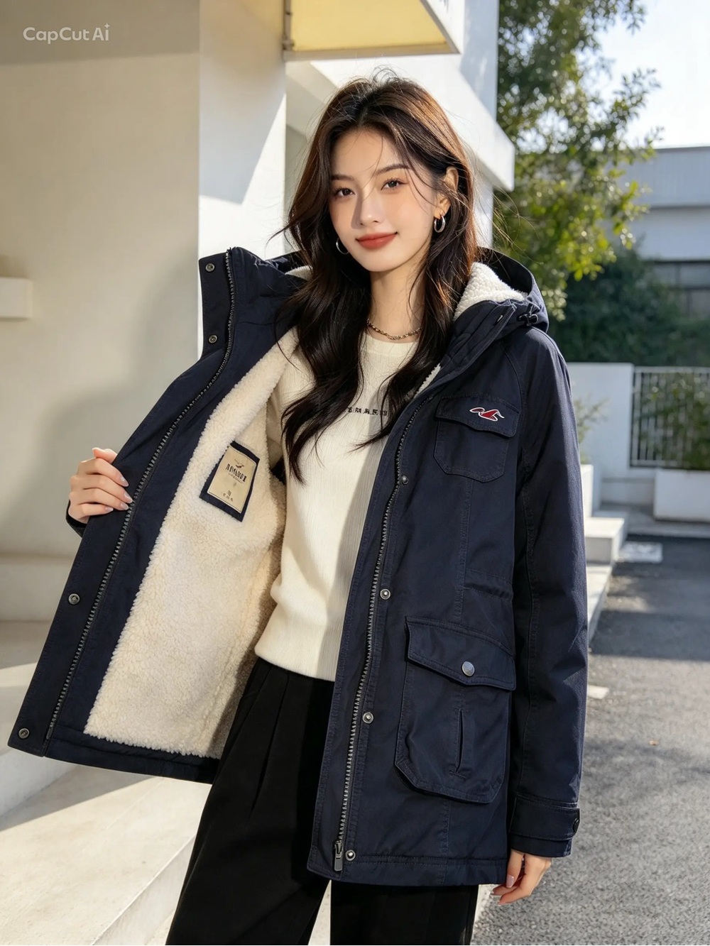 Hollister Navy Hooded Sherpa-Lined Utility Jacket